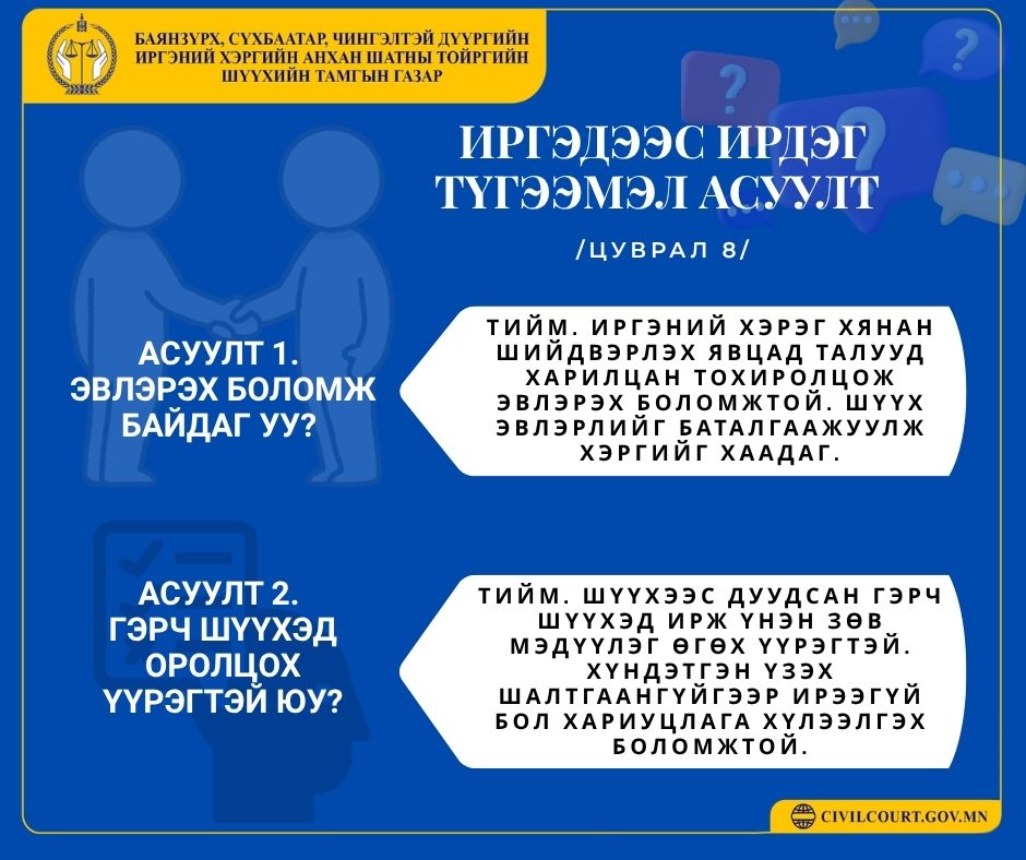 ⚖️ ИРГЭДЭЭС ИРДЭГ ТҮГЭЭМЭЛ АСУУЛТУУД /ЦУВРАЛ 8,9/ 📌 Доорх асуултууд нь иргэдээс хамгийн түгээмэл ирдэг бөгөөд хуульд заасан үндэслэлтэй хариултыг хүргэж байна.
