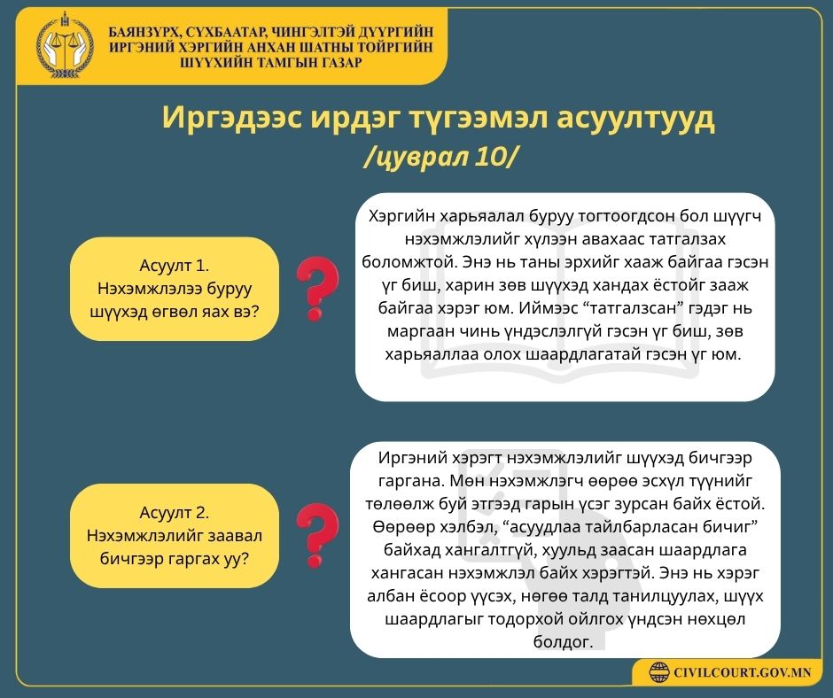 ИРГЭДЭЭС ИРДЭГ ТҮГЭЭМЭЛ АСУУЛТУУД /ЦУВРАЛ 10-15/ 📌 Доорх асуултууд нь иргэдээс хамгийн түгээмэл ирдэг бөгөөд хуульд заасан үндэслэлтэй хариултыг хүргэж байна.